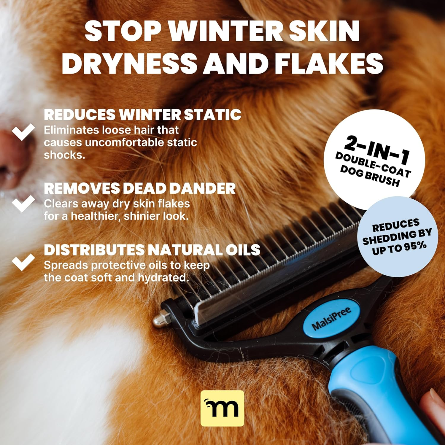 2-in-1 Deshedding Dog Brush (Large, Blue)