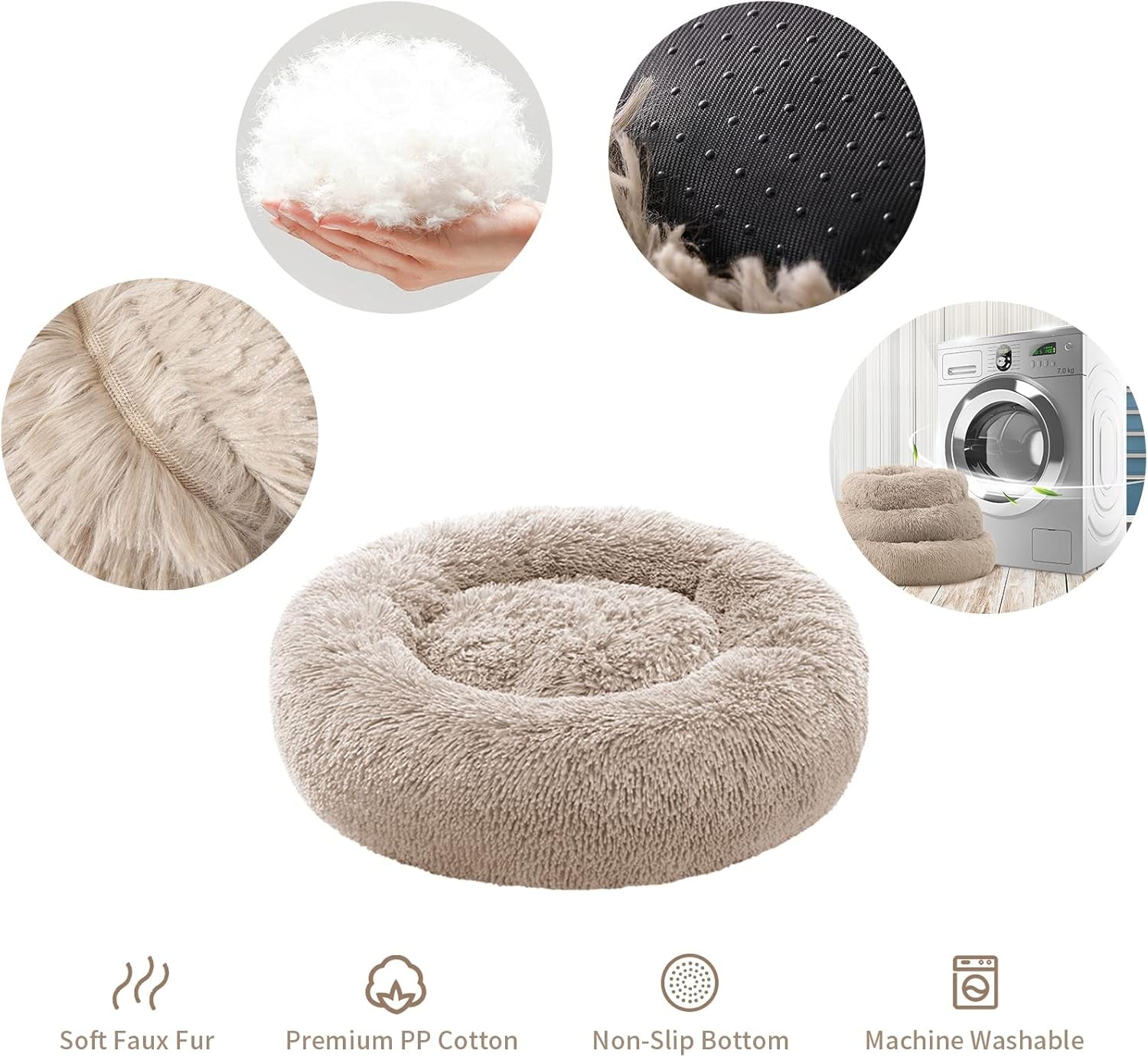 Calming Dog Bed for Medium Dogs, anti Anxiety Donut Dog Bed, round Dog Bed for Puppy, Plush Faux Fur Dog Bed, Fluffy Dog Bed, Soft Fuzzy Pet Bed, Machine Washable, 23X23Inch Khaki