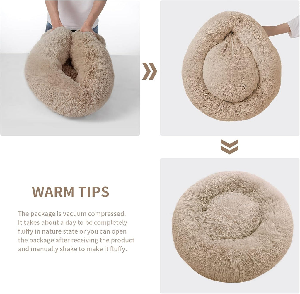 Calming Dog Bed for Medium Dogs, anti Anxiety Donut Dog Bed, round Dog Bed for Puppy, Plush Faux Fur Dog Bed, Fluffy Dog Bed, Soft Fuzzy Pet Bed, Machine Washable, 23X23Inch Khaki