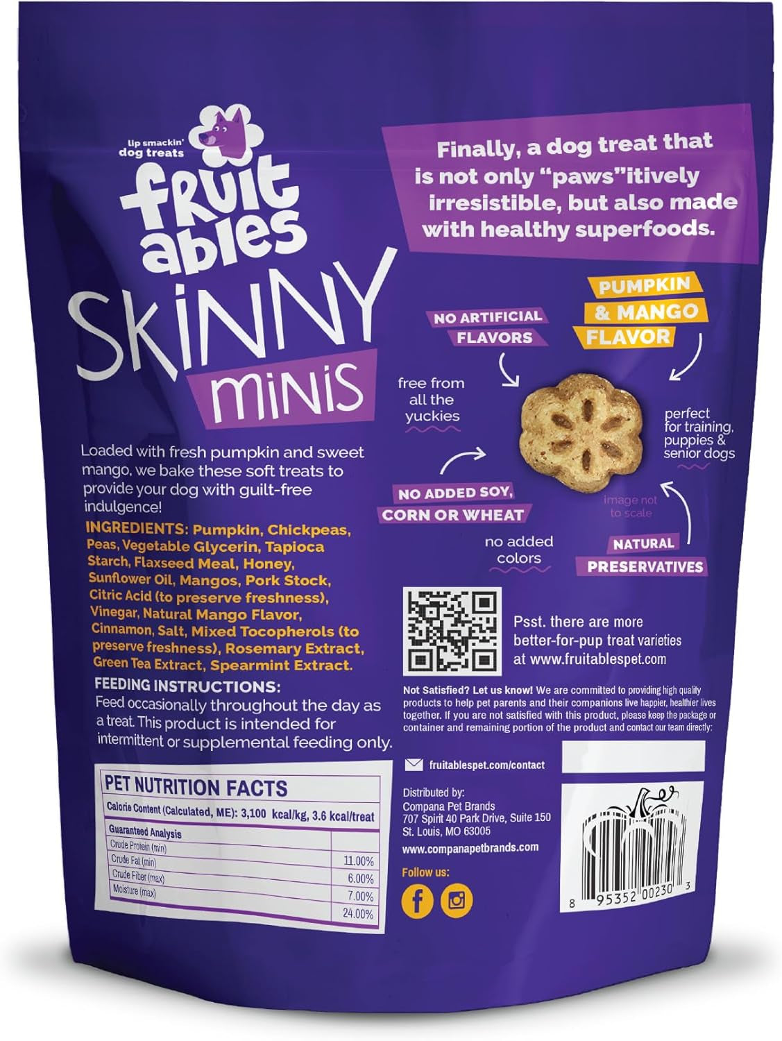 Skinny Minis Dog Treats, Healthy Pumpkin Treat for Dogs, Low Calorie & Delicious, Puppy Training, No Wheat, Corn or Soy, Made in the USA, Pumpkin and Mango Flavor, 5Oz